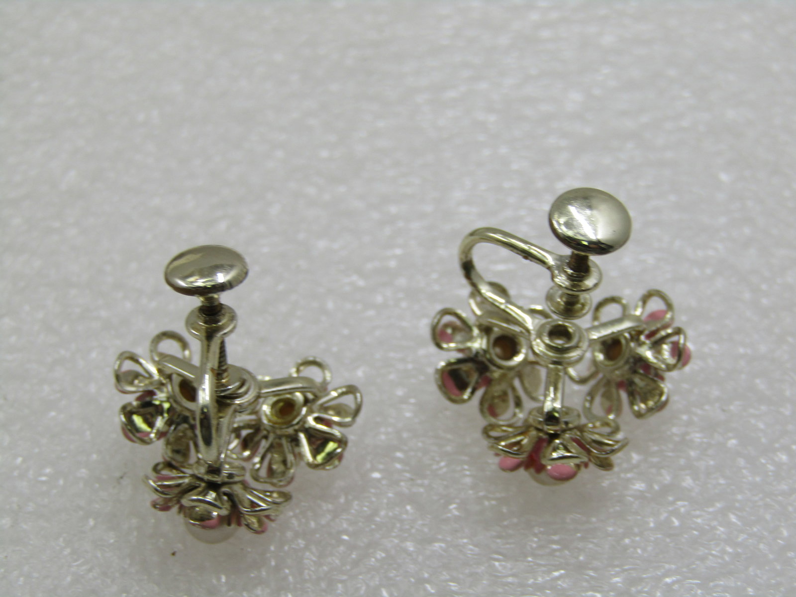 Vintage Pink Floral & Faux Pearl Earrings, Screwback, 1940's-1950's - 4