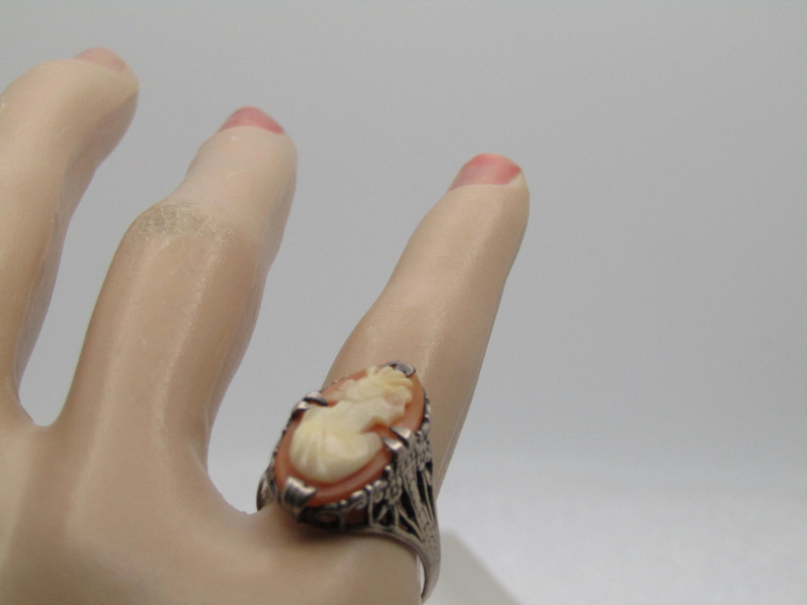 Antique Sterling Silver Carved Cameo Ring, Sz. 7. 1920's-1930's - 7