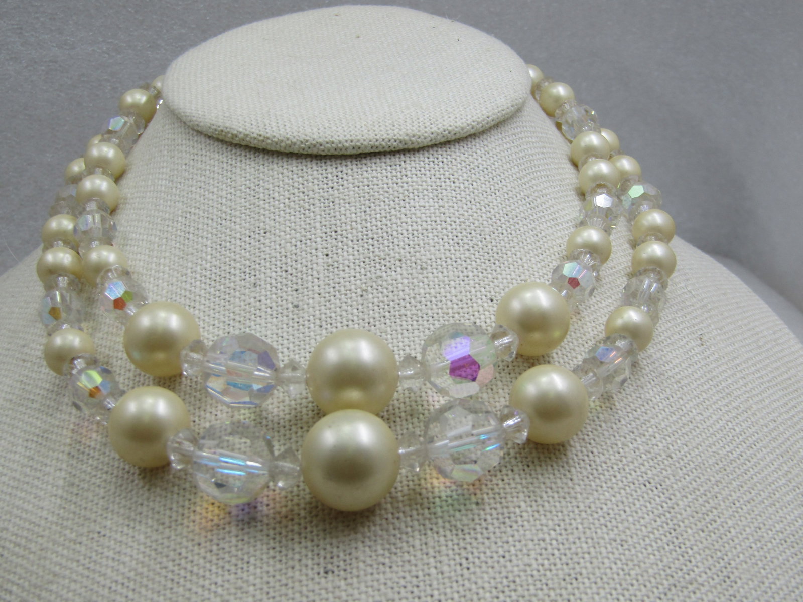Vintage Crystal Aurora Borealis & Faux Pearl Necklace, 16": Vintage Crystal Aurora Borealis & Faux Pearl Necklace, 16", Double-strand, 1940's. Hook clasp. The faux pearls range from 5mm to 14mm. The crystal aurora borealis beas are faceted round and range