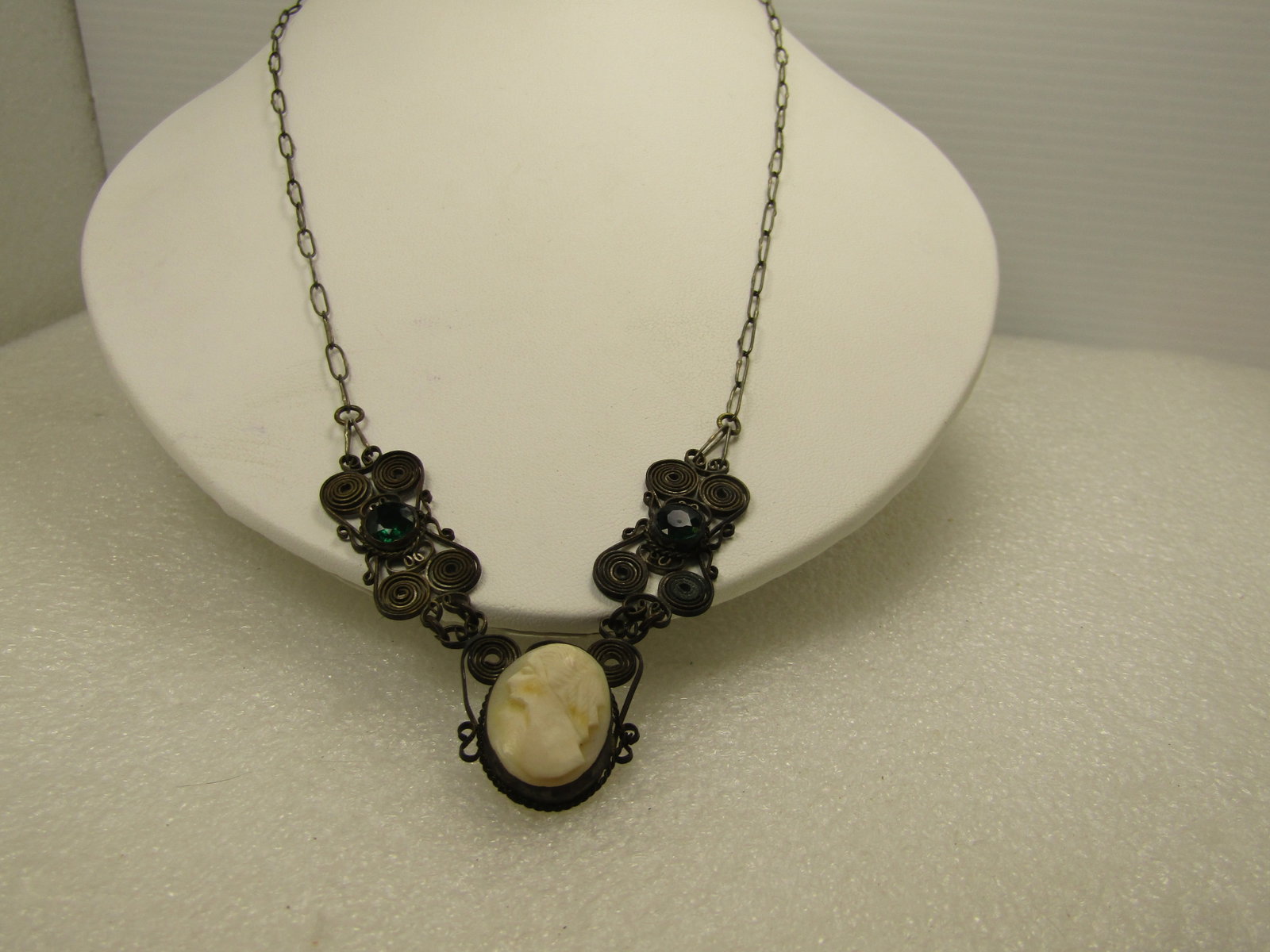 Vintage Cameo & Rhinestone Necklace, 1930's-1940's, 21": Vintage Cameo & Rhinestone Necklace, 1930's-1940's, 21". The chain is a paperclip type chain that is appx. 2.5mm wide with a hook clasp. The chain and clasp test as silver - could be sterling to sligh