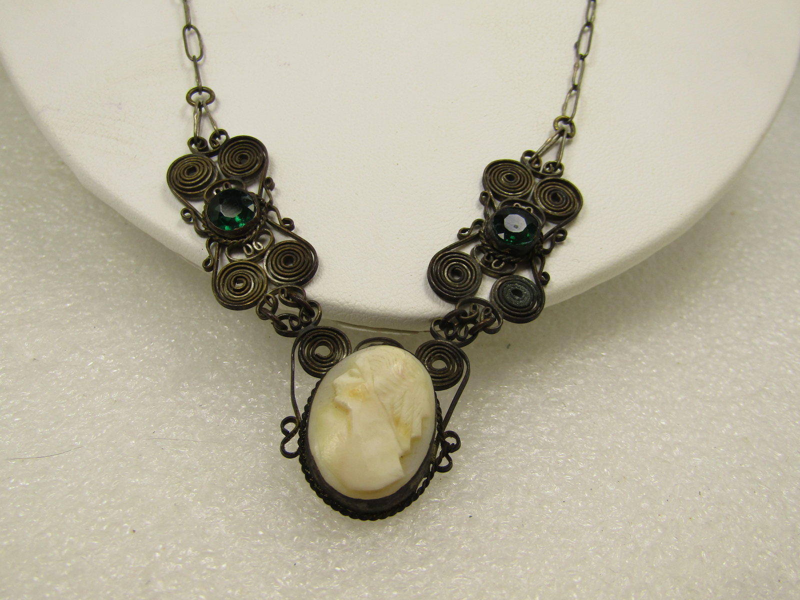 Vintage Cameo & Rhinestone Necklace, 1930's-1940's, 21" - 2