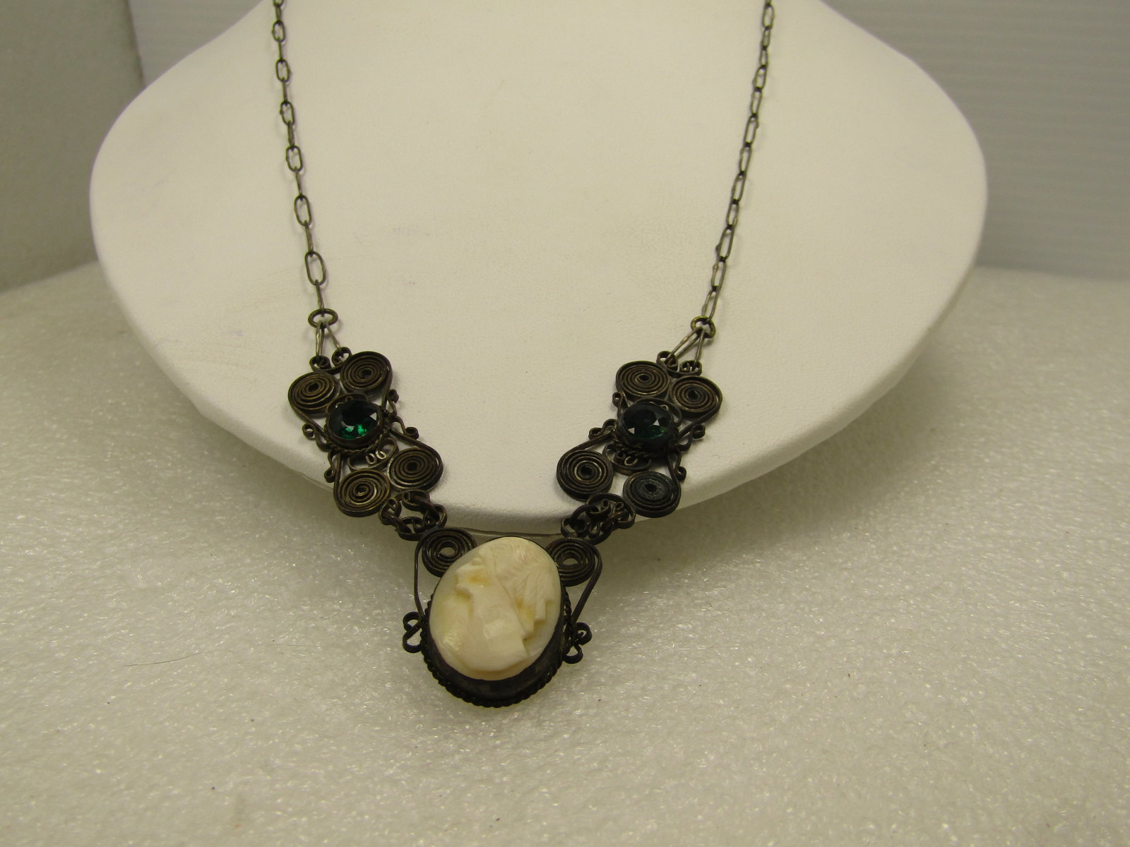 Vintage Cameo & Rhinestone Necklace, 1930's-1940's, 21" - 3