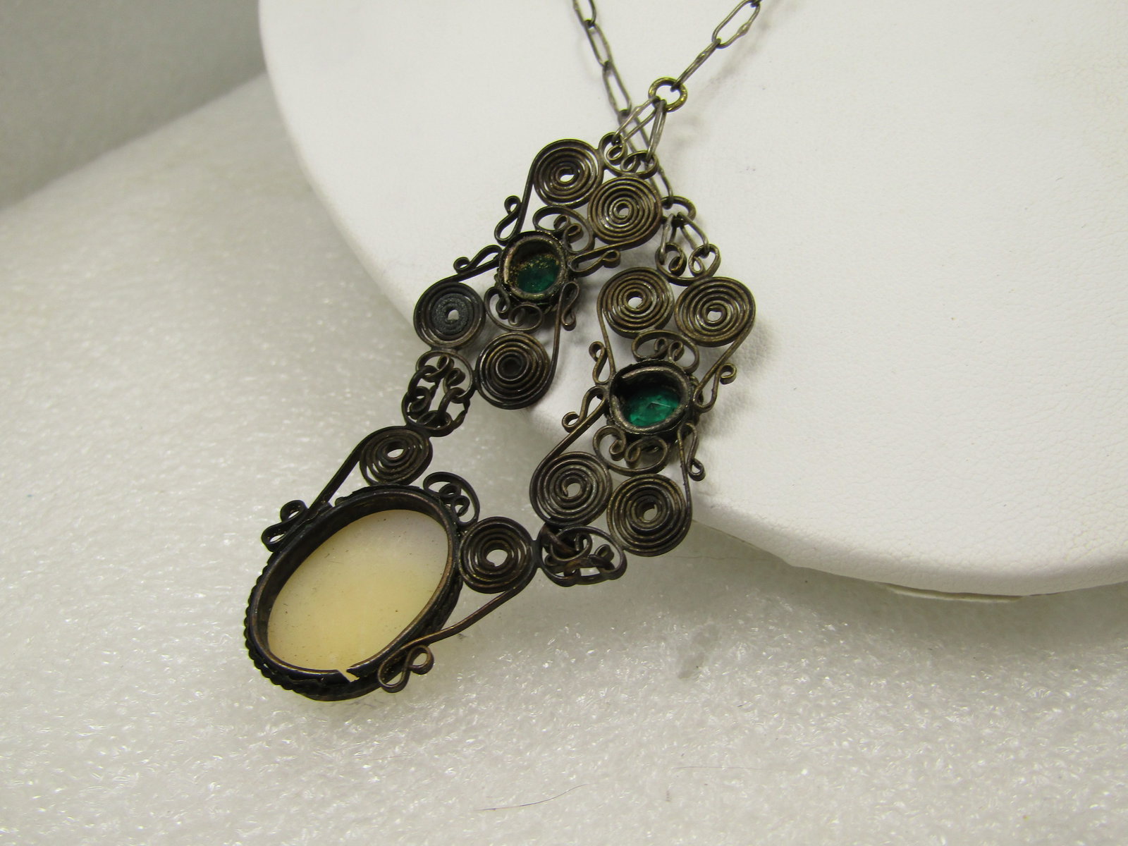 Vintage Cameo & Rhinestone Necklace, 1930's-1940's, 21" - 4