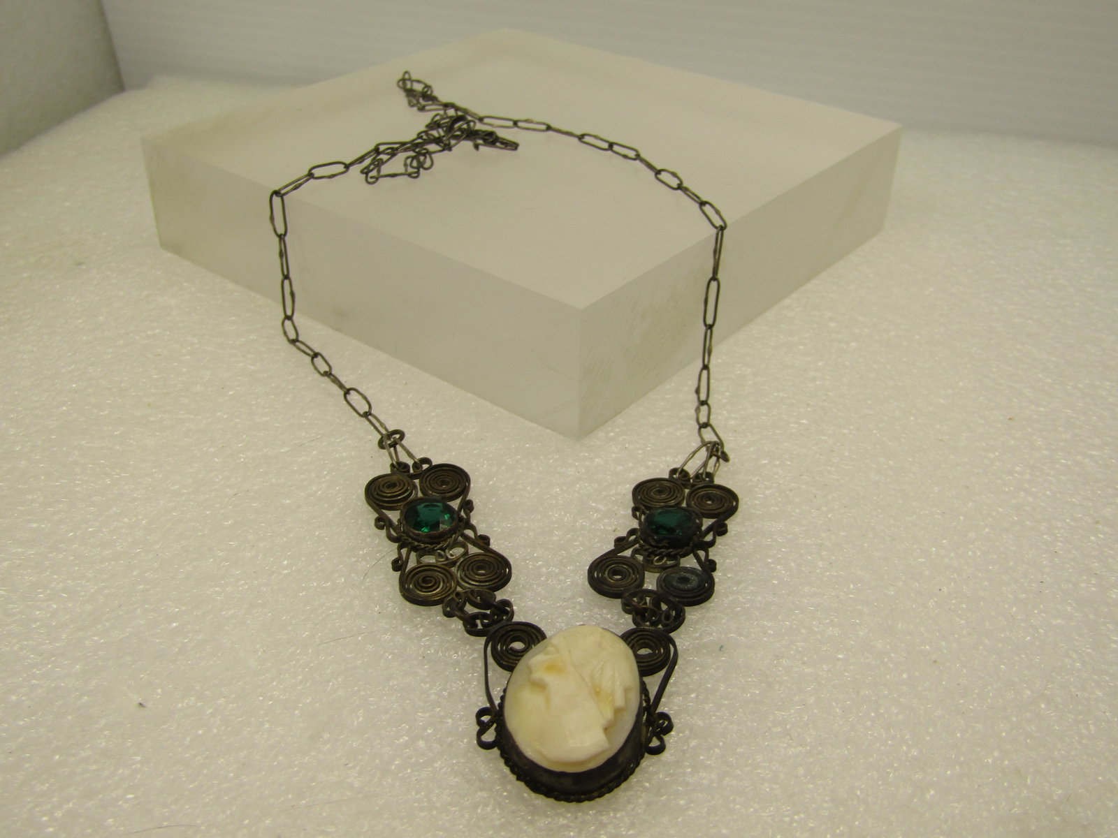 Vintage Cameo & Rhinestone Necklace, 1930's-1940's, 21" - 5