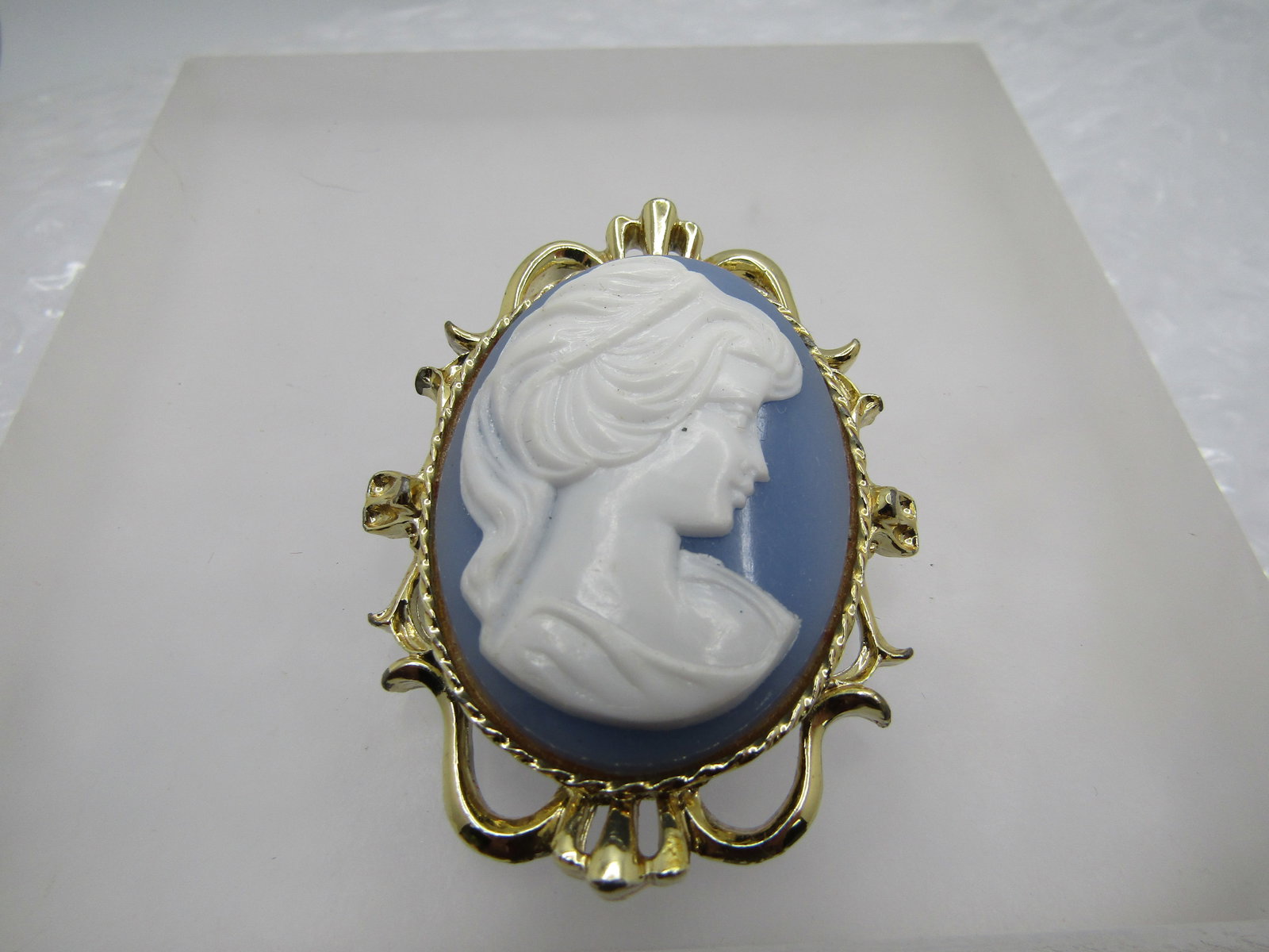 Vintage Blue & White Cameo Brooch, Signed Gerry's, 1960's - 2