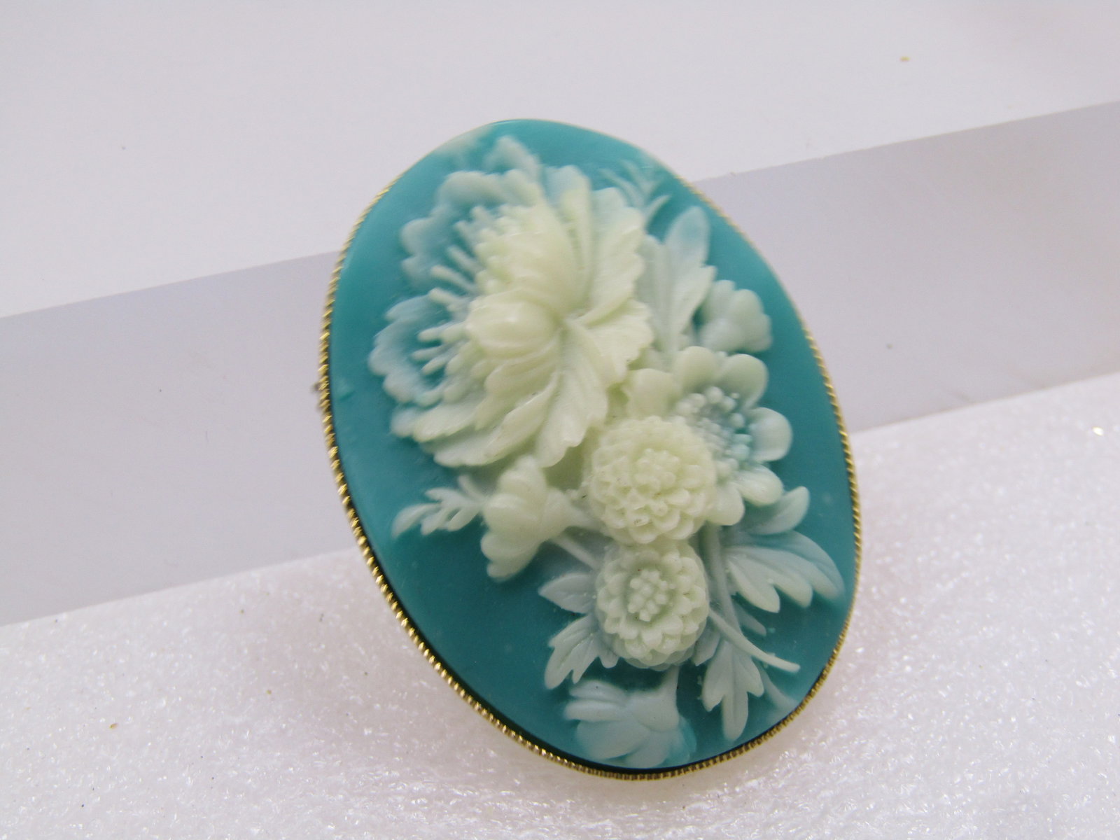 Vintage Aqua & White Floral Cameo Brooch, 1960's-1970's - 2