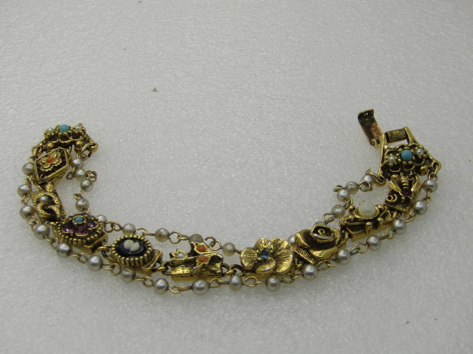 Vintage Victorian Themed Triple Strand Faux Pearl, Charm Link Bracelet, 7", 1960's - 2
