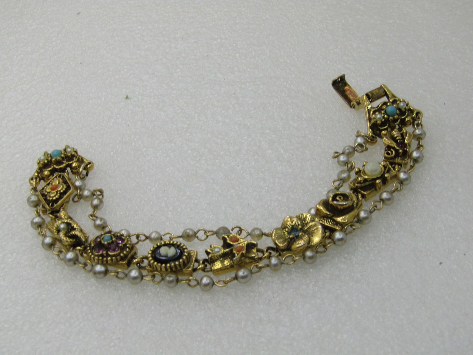 Vintage Victorian Themed Triple Strand Faux Pearl, Charm Link Bracelet, 7", 1960's - 3