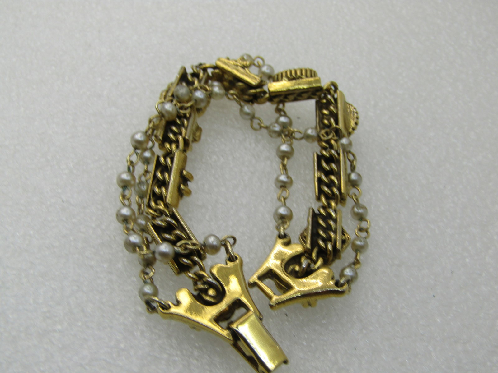 Vintage Victorian Themed Triple Strand Faux Pearl, Charm Link Bracelet, 7", 1960's - 4