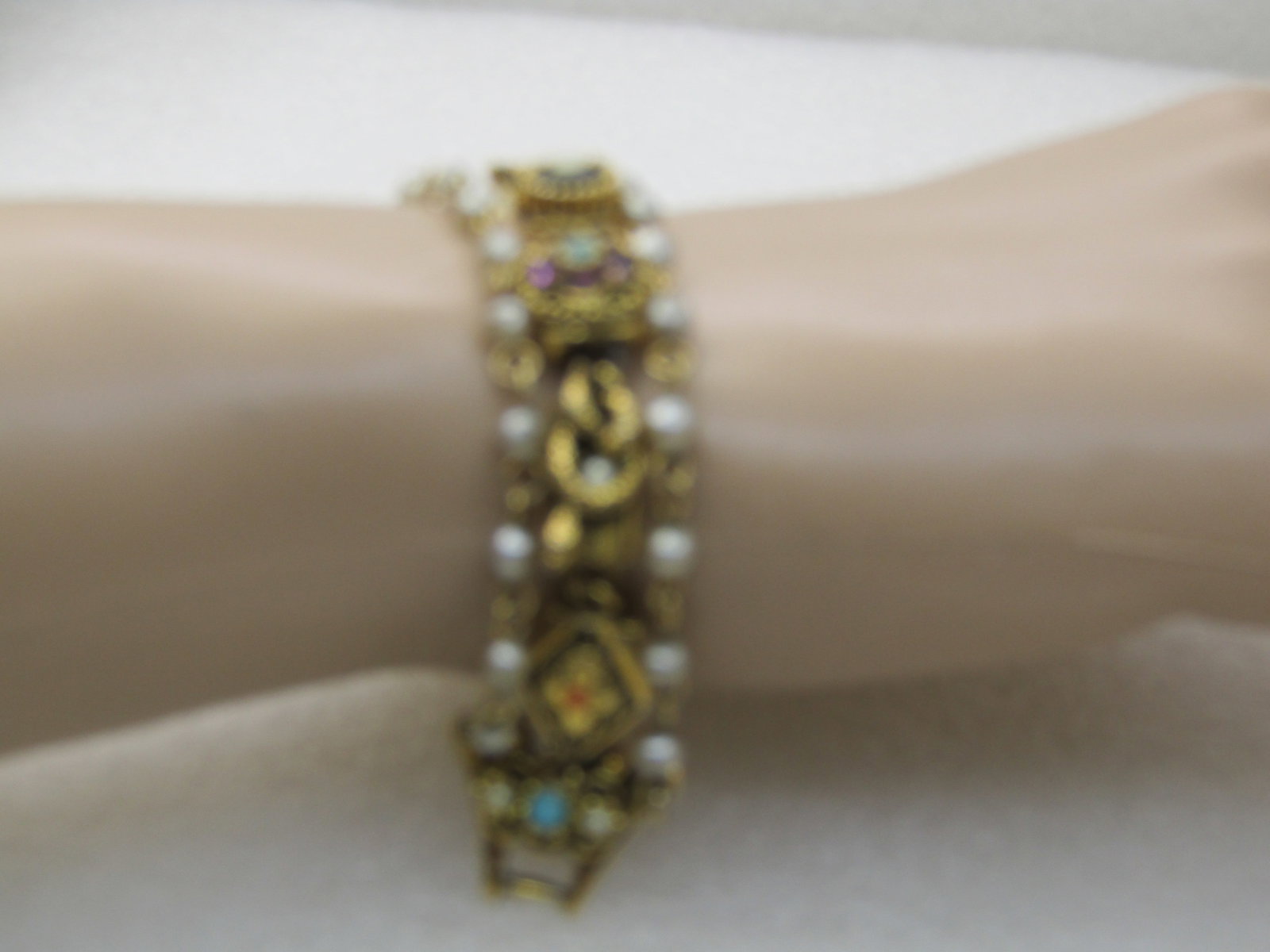 Vintage Victorian Themed Triple Strand Faux Pearl, Charm Link Bracelet, 7", 1960's - 5