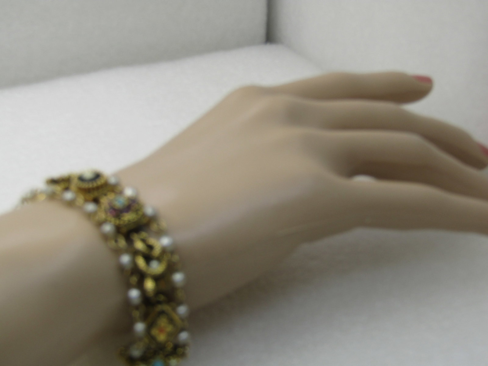 Vintage Victorian Themed Triple Strand Faux Pearl, Charm Link Bracelet, 7", 1960's - 6
