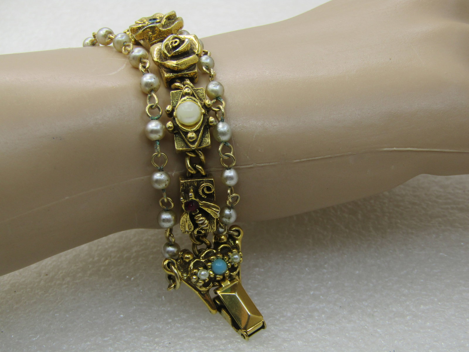 Vintage Victorian Themed Triple Strand Faux Pearl, Charm Link Bracelet, 7", 1960's - 7