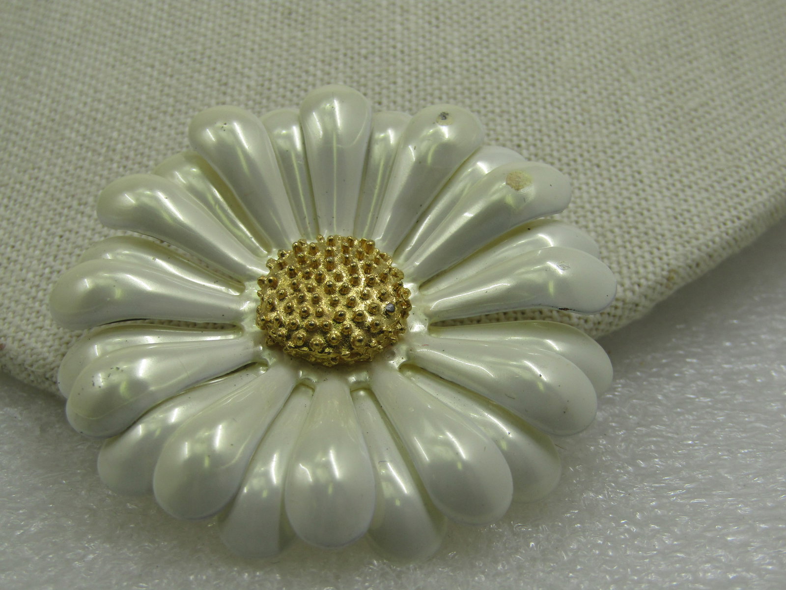 Vintage Pearly White Enameled Blossom Brooch, Gold Center, 1960's - 2