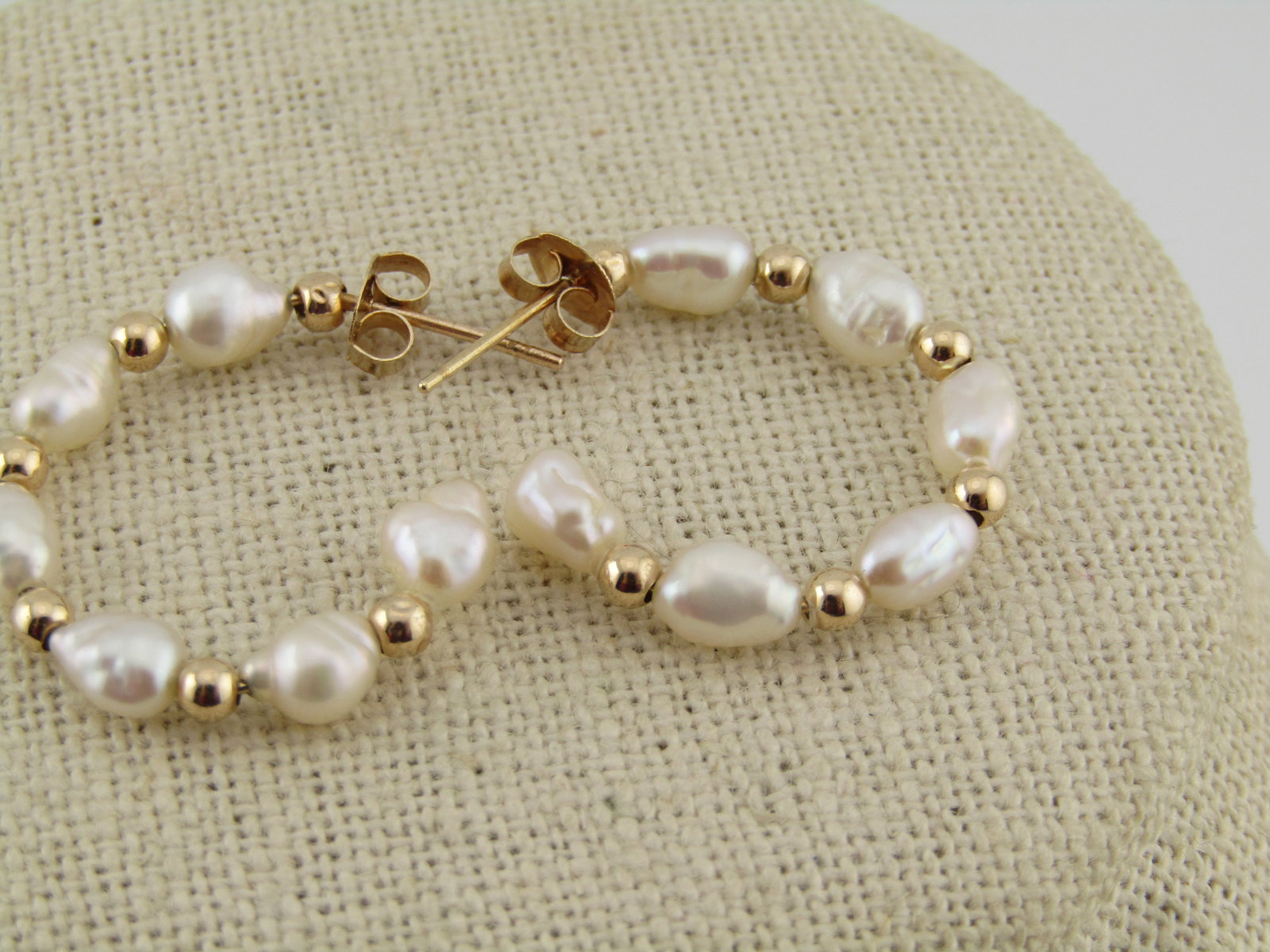 14kt Freshwater Pearl Gold Bead Earrings, Hoop, 1980's - 2