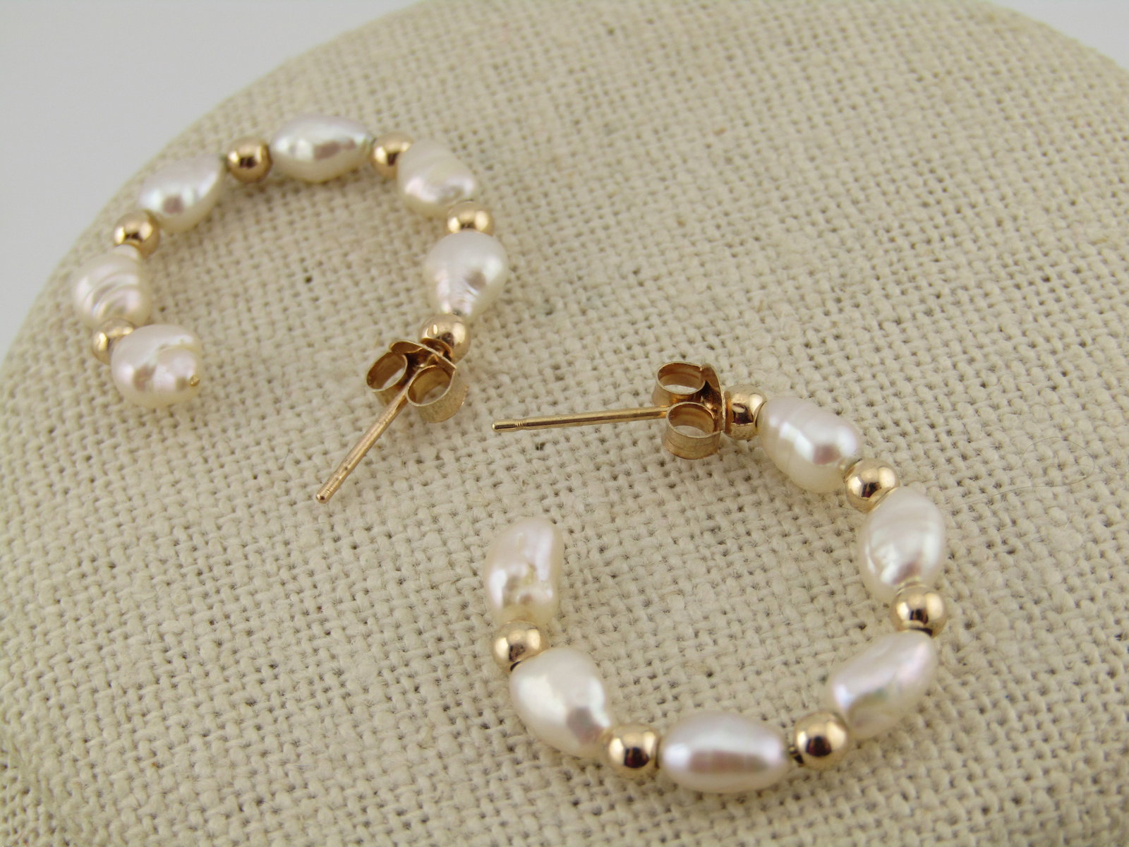 14kt Freshwater Pearl Gold Bead Earrings, Hoop, 1980's - 3