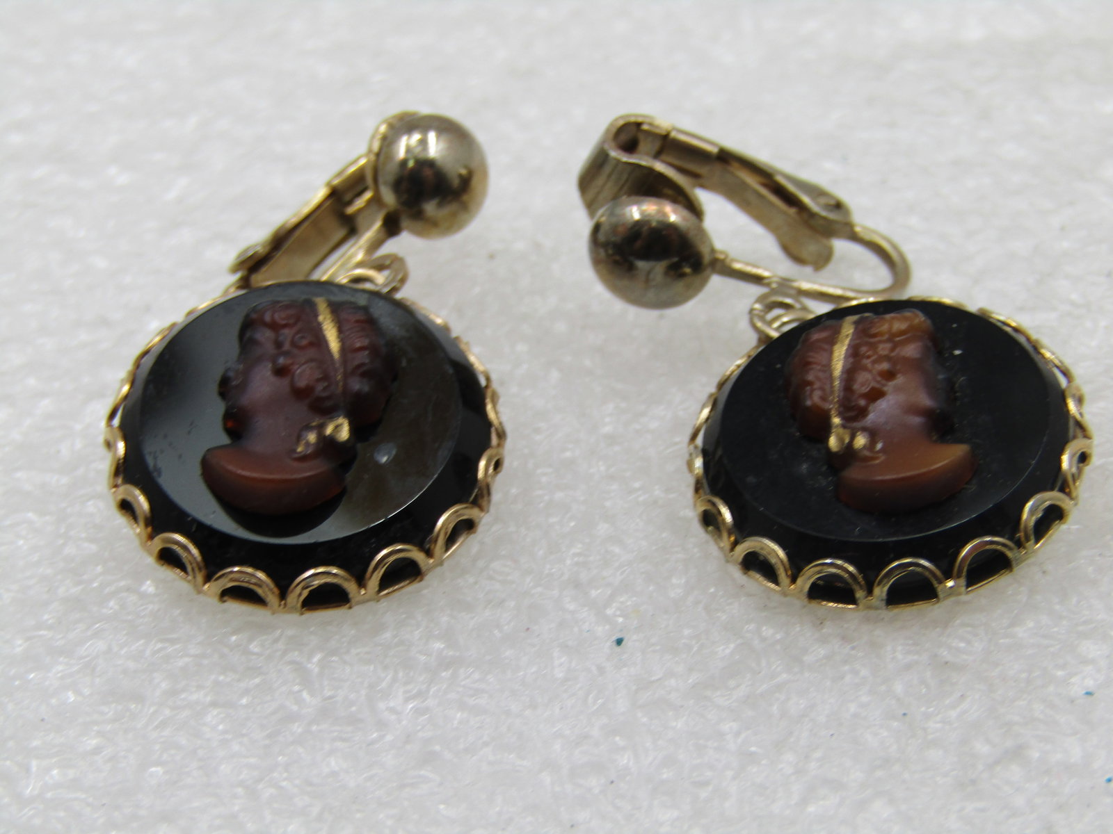 Vintage Cameo Drop Earrings, Clip, Signed Judy Lee - 6