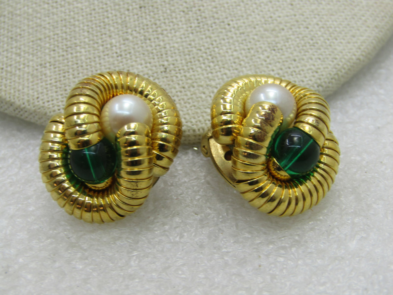 Vintage Faux Pearl Snakelike Clip Earrings, Green and Faux Pearl, 1" - 3