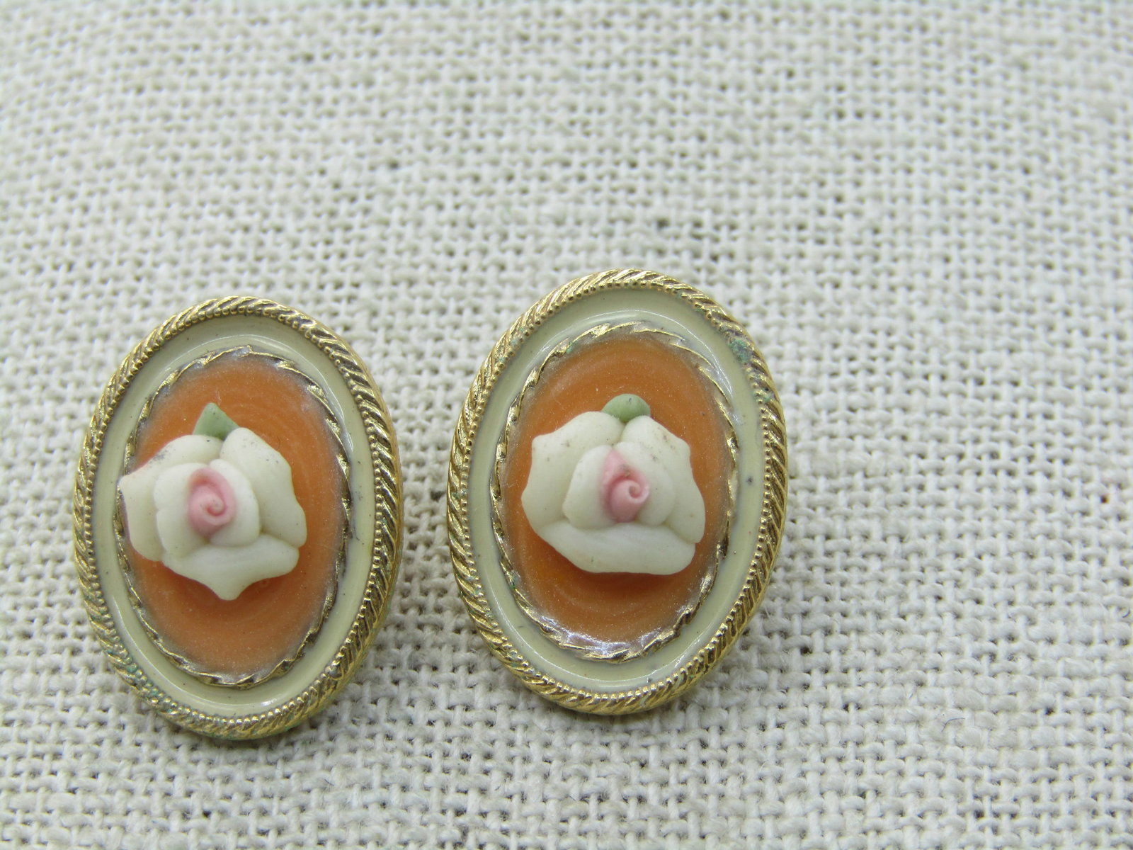 Vintage Porcelain Rose Cameo Pierced Earrings, 7/8" Oval, Gold Tone - 2