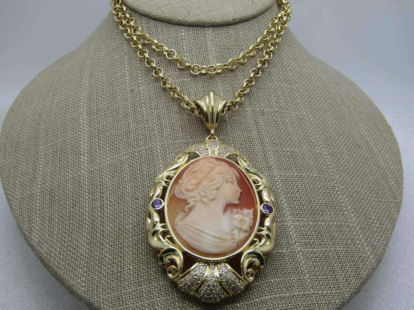 Vintage Carved Cameo Rhinestone Necklace, Signed Amedeo, 1970's-1980's - 2