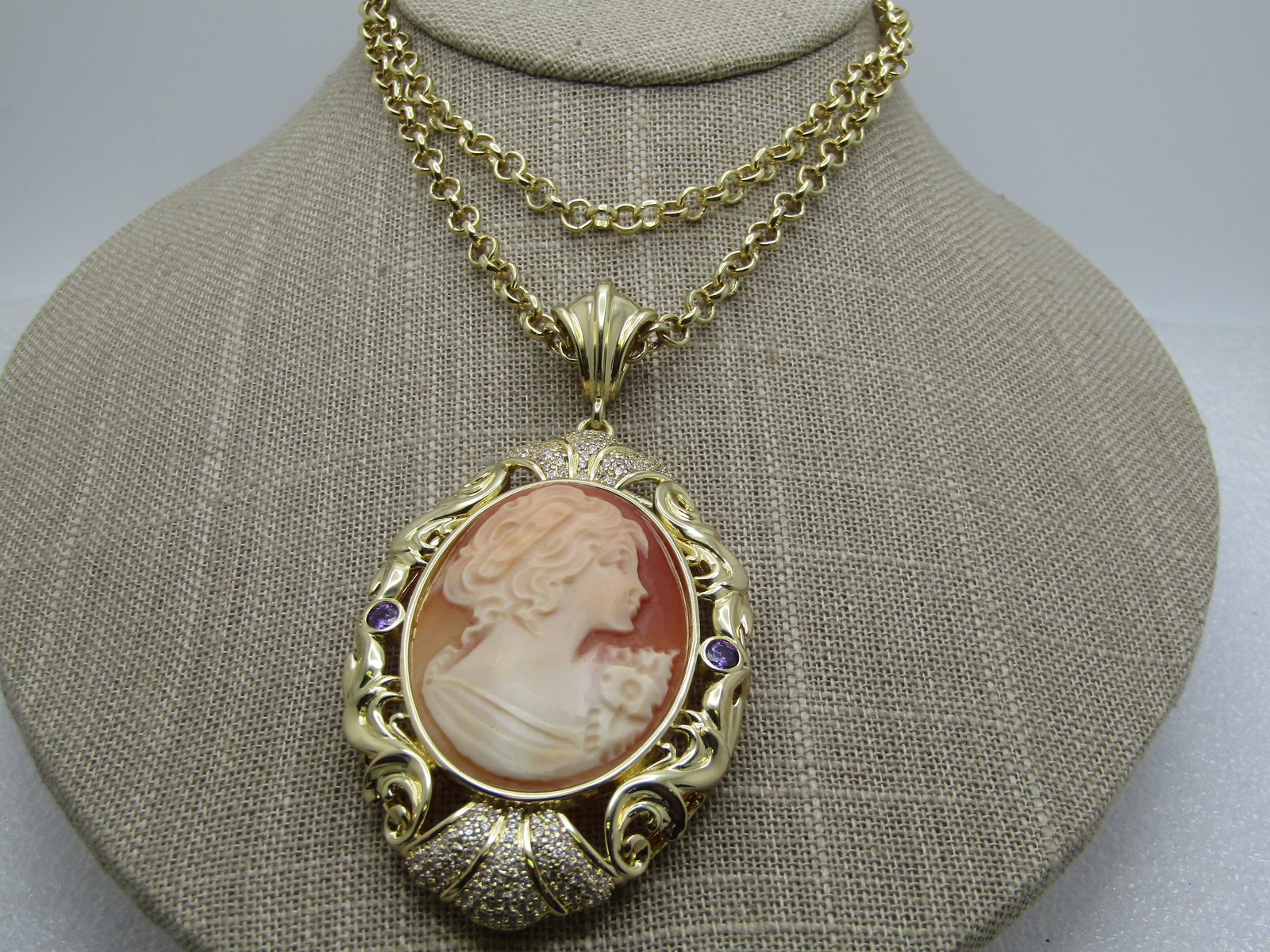 Vintage Carved Cameo Rhinestone Necklace, Signed Amedeo, 1970's-1980's - 3