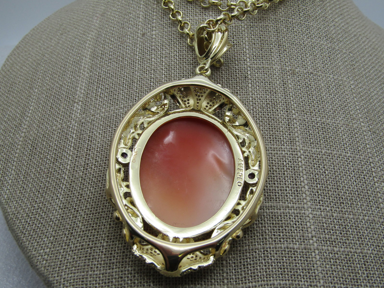 Vintage Carved Cameo Rhinestone Necklace, Signed Amedeo, 1970's-1980's - 4