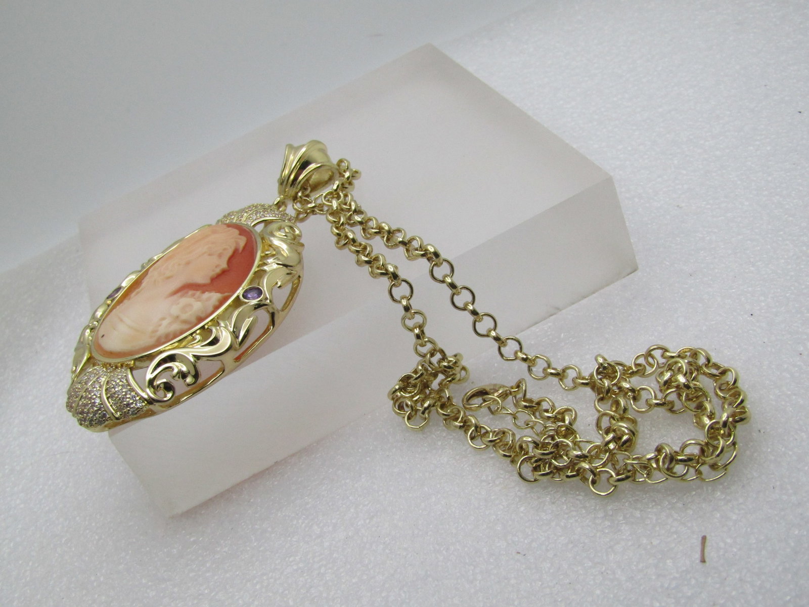 Vintage Carved Cameo Rhinestone Necklace, Signed Amedeo, 1970's-1980's - 6