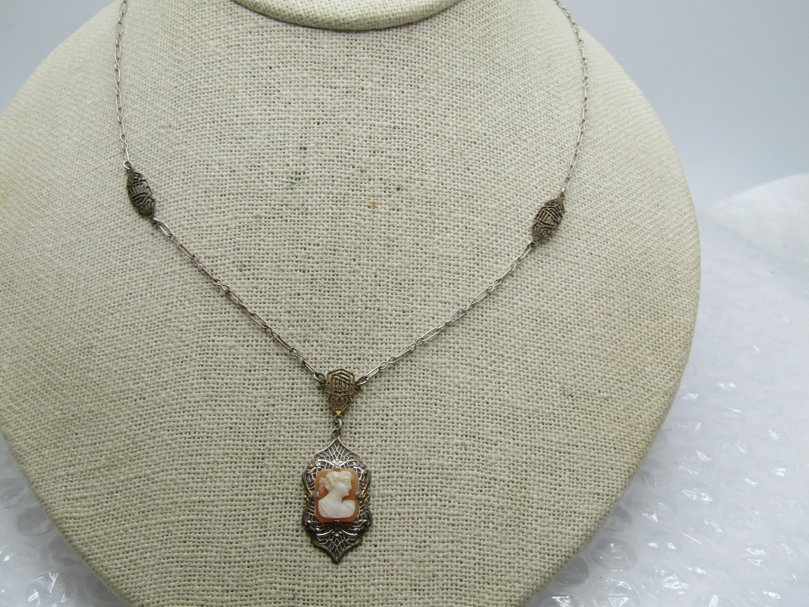 Vintage Sterling Filigree Cameo Lavalier Necklace , 17", Signed H - 2