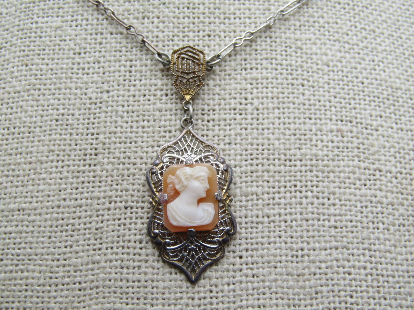 Vintage Sterling Filigree Cameo Lavalier Necklace , 17", Signed H - 3