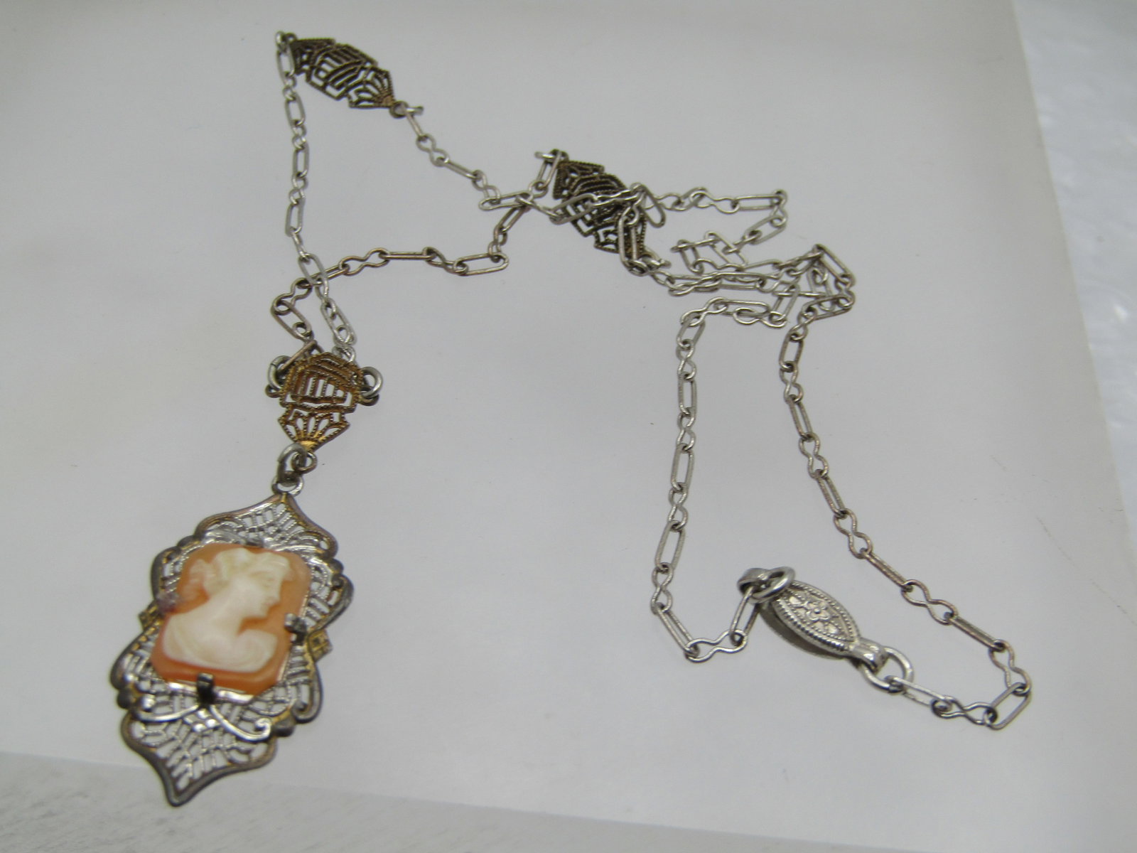 Vintage Sterling Filigree Cameo Lavalier Necklace , 17", Signed H - 6