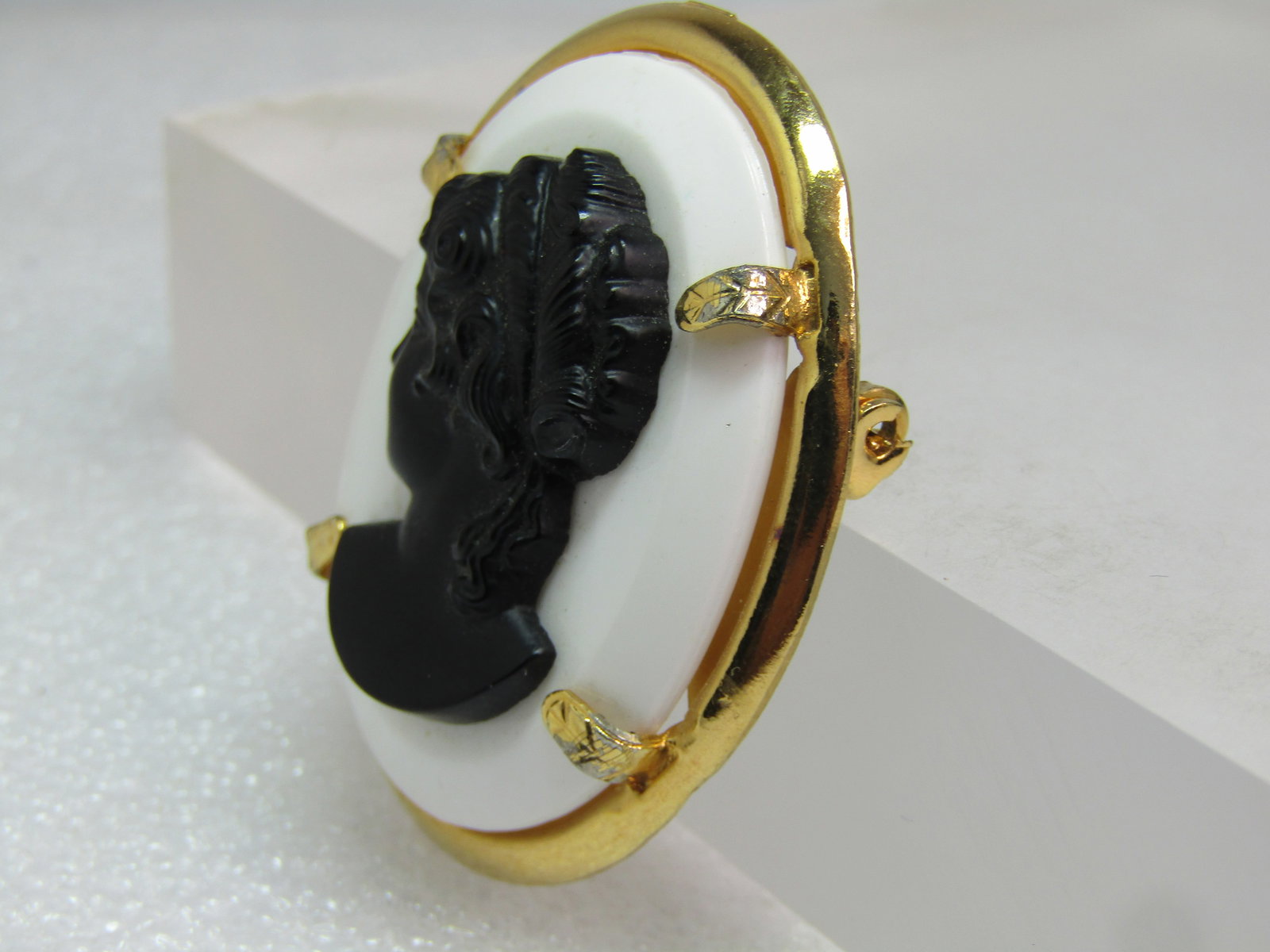 Vintage Black and White Cameo Brooch, 1960's-1970's, Lucite - 2