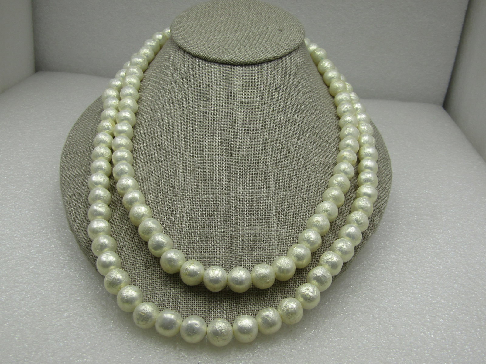 Vintage Faux Baroque Double Strand Pearl Necklace, 20": Vintage Faux Baroque Double Strand Pearl Necklace, 20", Floral box clasp. 1930's-1940's. The white faux baroque pearls are appx. 9.5mm. This is not signed or marked but it is very good vintae