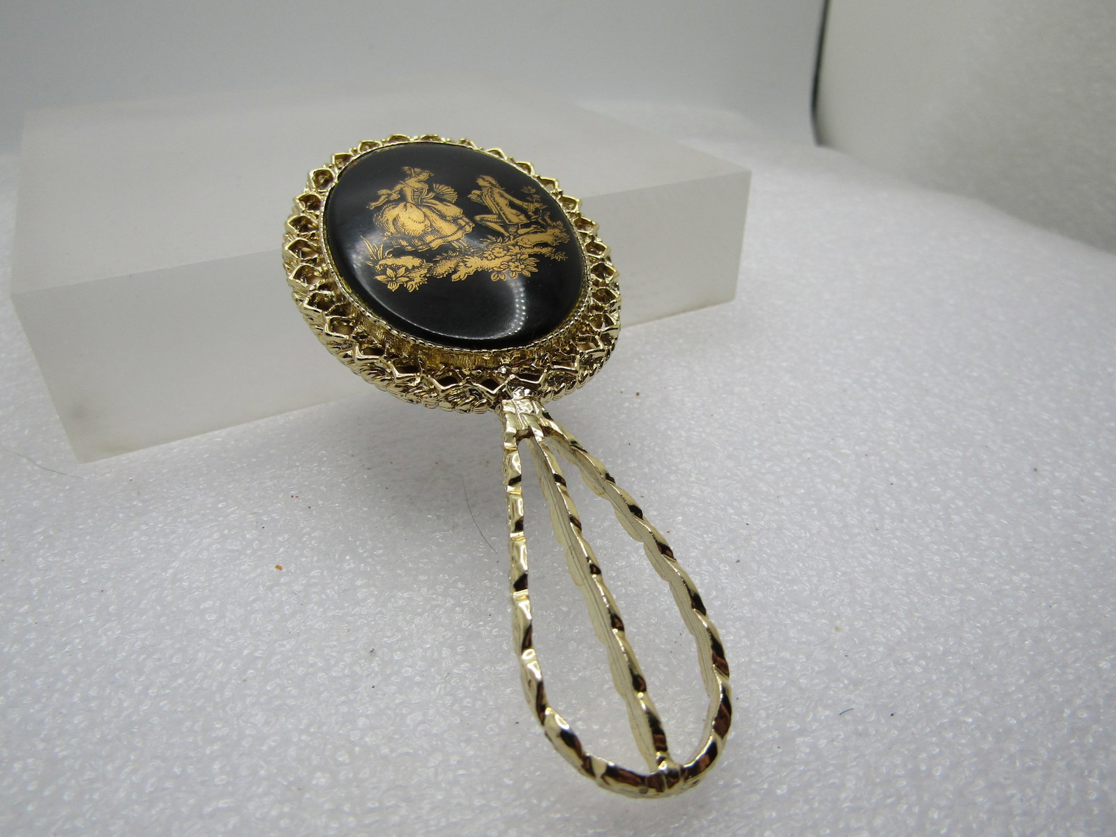 Vintage Black/Gold Cameo Mirror, 3.5", 1960's-1970's - 4
