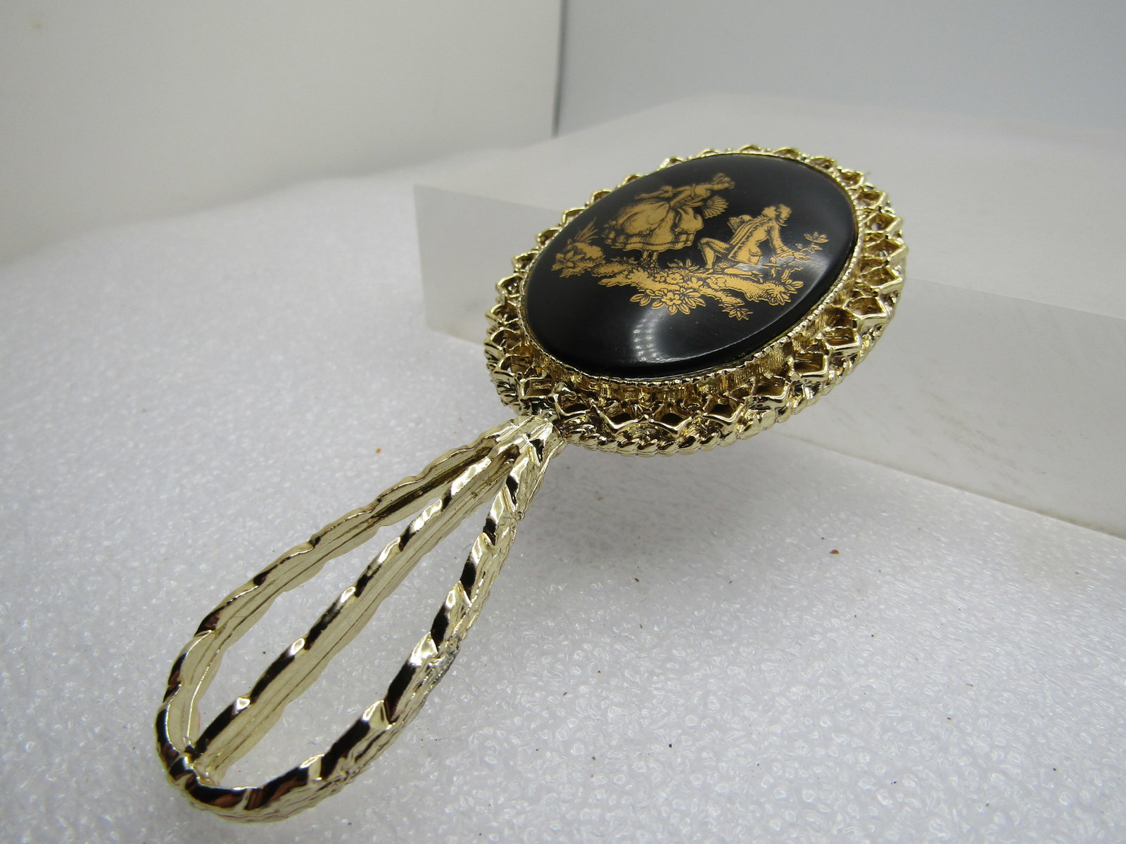 Vintage Black/Gold Cameo Mirror, 3.5", 1960's-1970's - 5