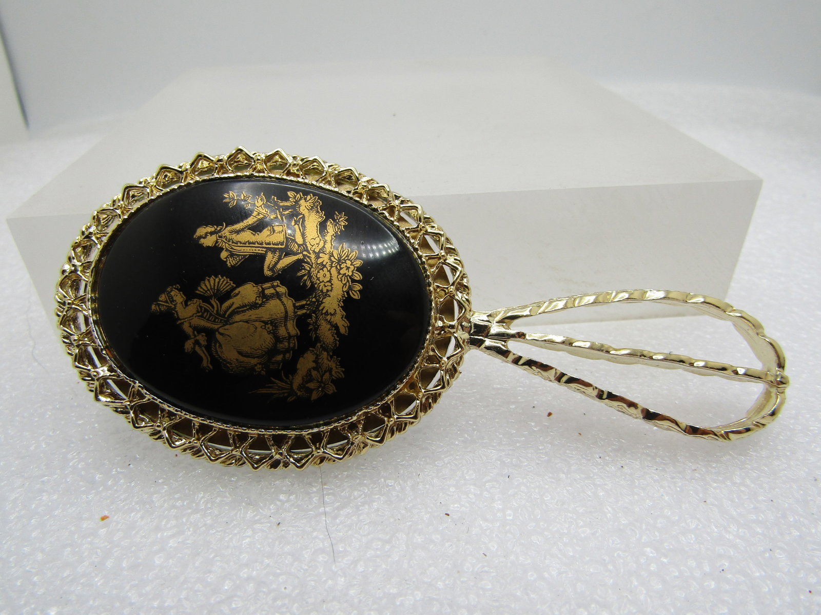 Vintage Black/Gold Cameo Mirror, 3.5", 1960's-1970's - 6