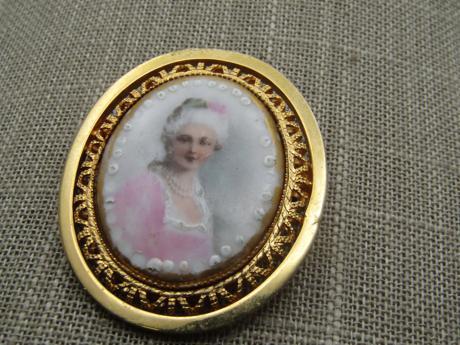 Vintage Porcelain Portrait Cameo, Filigree Frame, 1950's, - 2