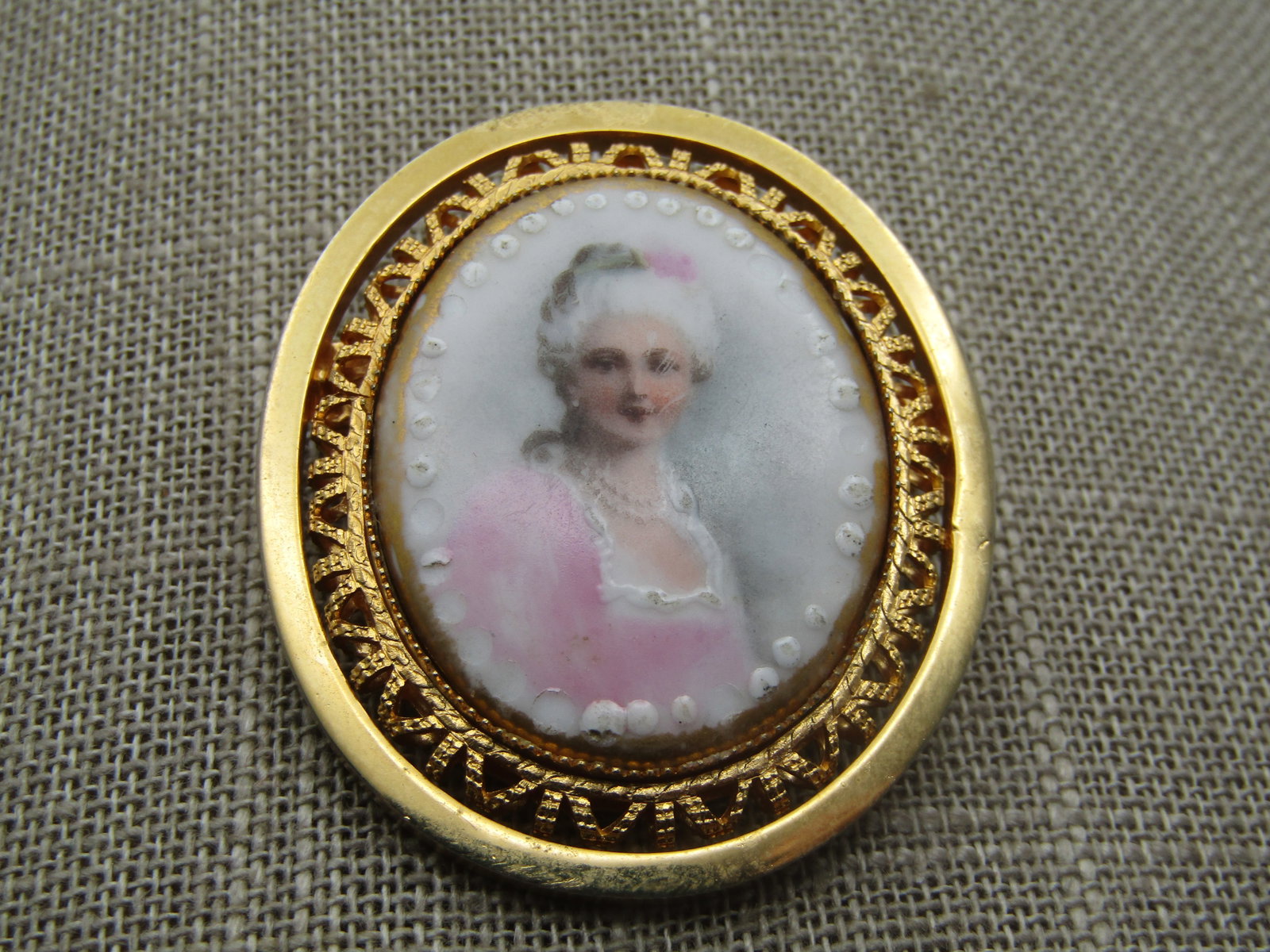Vintage Porcelain Portrait Cameo, Filigree Frame, 1950's, - 3
