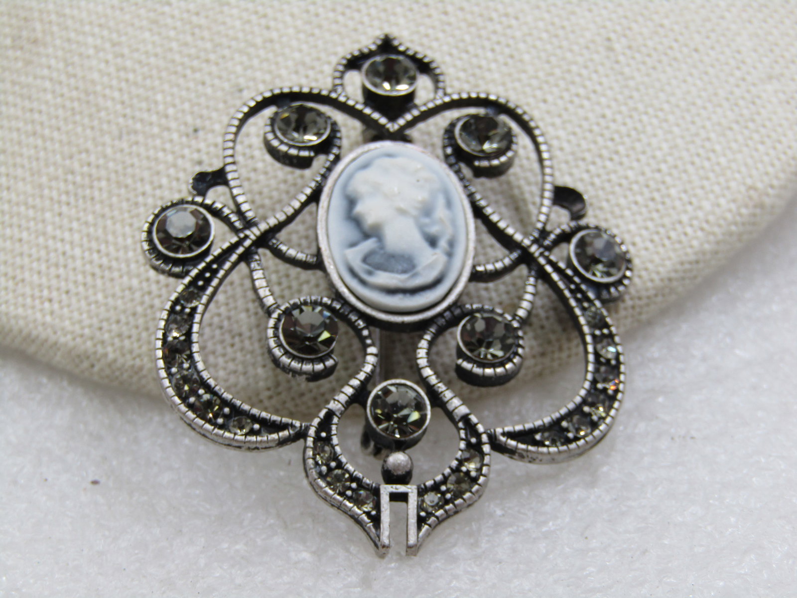 Vintage Rhinestone & Cameo Scrolled Brooch, 2.25" - 2