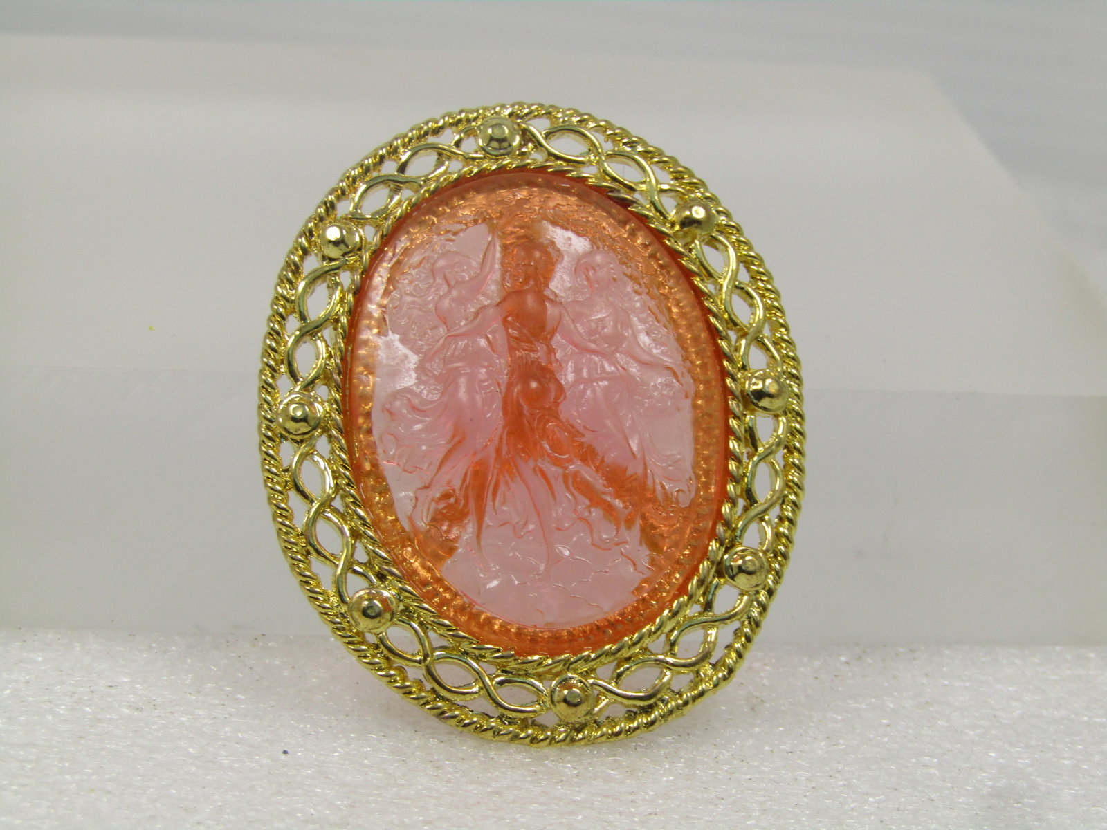 Vintage Pink Three Maidens Cameo Stlye Brooch, Pink, Translucent, 1960's - 2