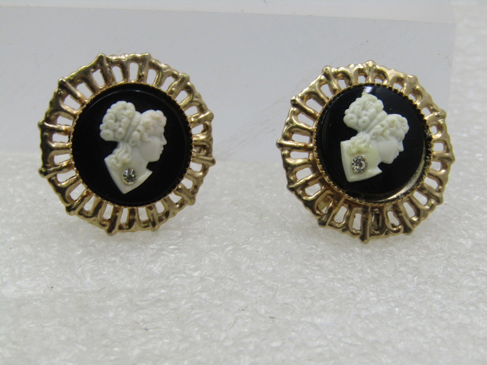 Vintage Black & White Cameo Earrings, Rhinestone, Mid-Century - 2