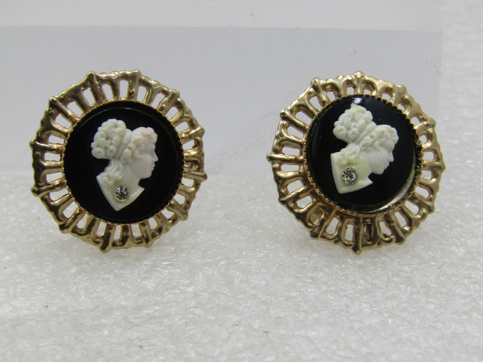 Vintage Black & White Cameo Earrings, Rhinestone, Mid-Century - 3