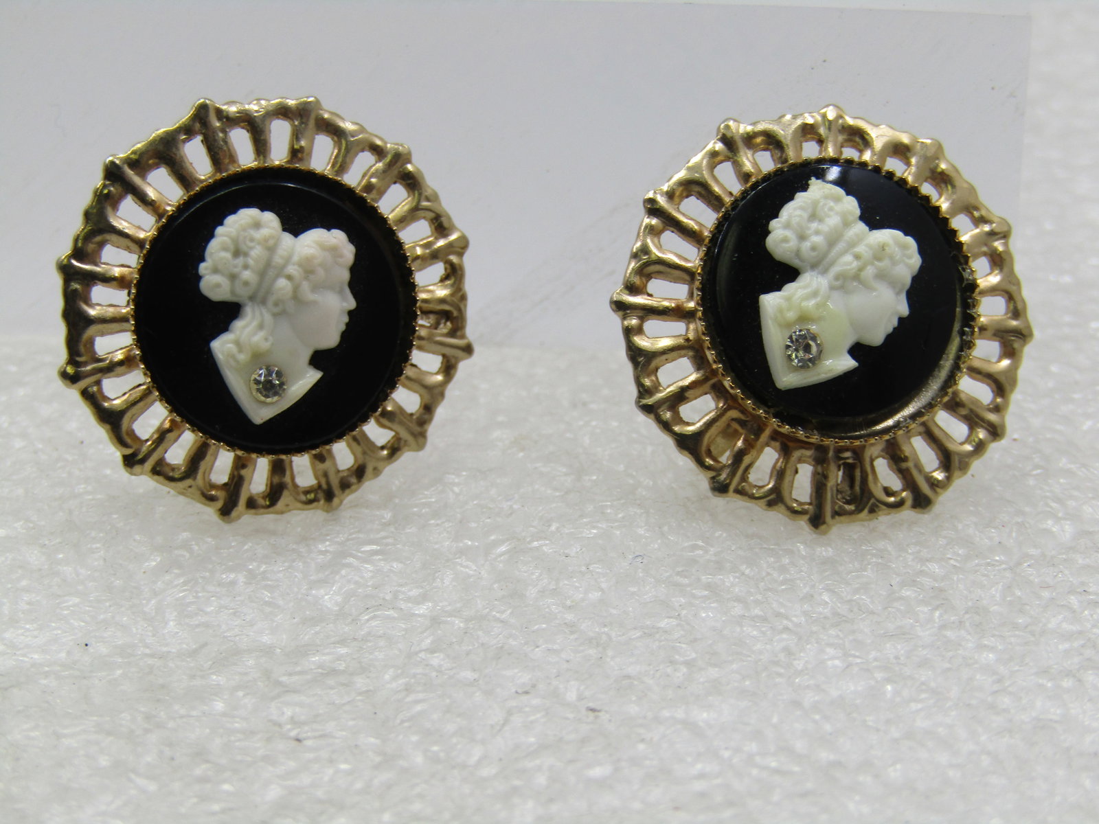 Vintage Black & White Cameo Earrings, Rhinestone, Mid-Century - 4