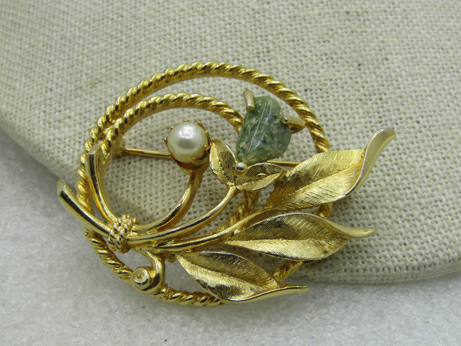 Vintage Moss Agate Faux Pearl Floral Circle Brooch, 1960's, 2" - 2