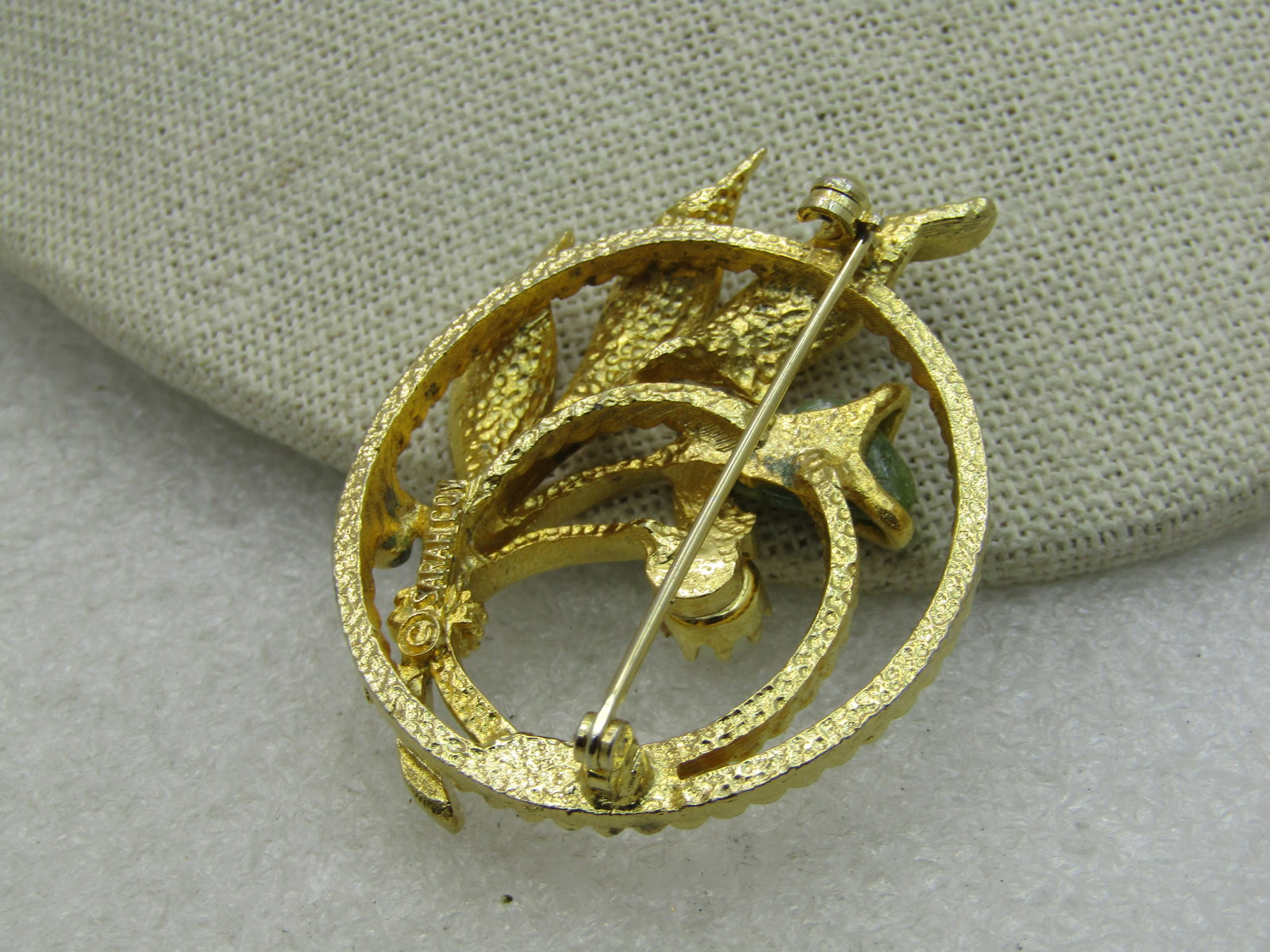 Vintage Moss Agate Faux Pearl Floral Circle Brooch, 1960's, 2" - 4