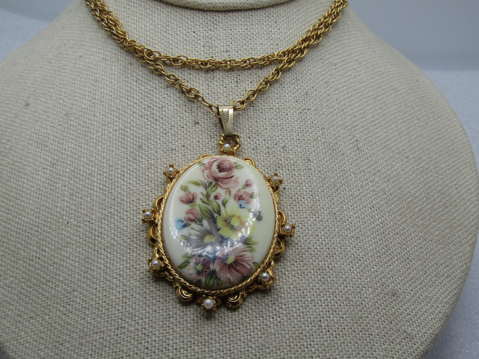 Vintage Floral Cameo Faux Pearl Necklace, 24" , Signed Denise, 1960's-1970's: Vintage Floral Cameo Faux Pearl Necklace, 24" , Signed Denise. I've seen this listed as Pilgrim signed Denise and Danish design - this has a cameo style floral acryic cameo style center with a rope be