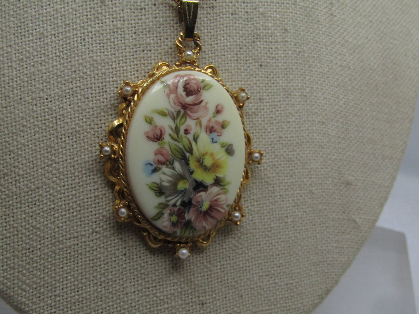 Vintage Floral Cameo Faux Pearl Necklace, 24" , Signed Denise, 1960's-1970's - 2