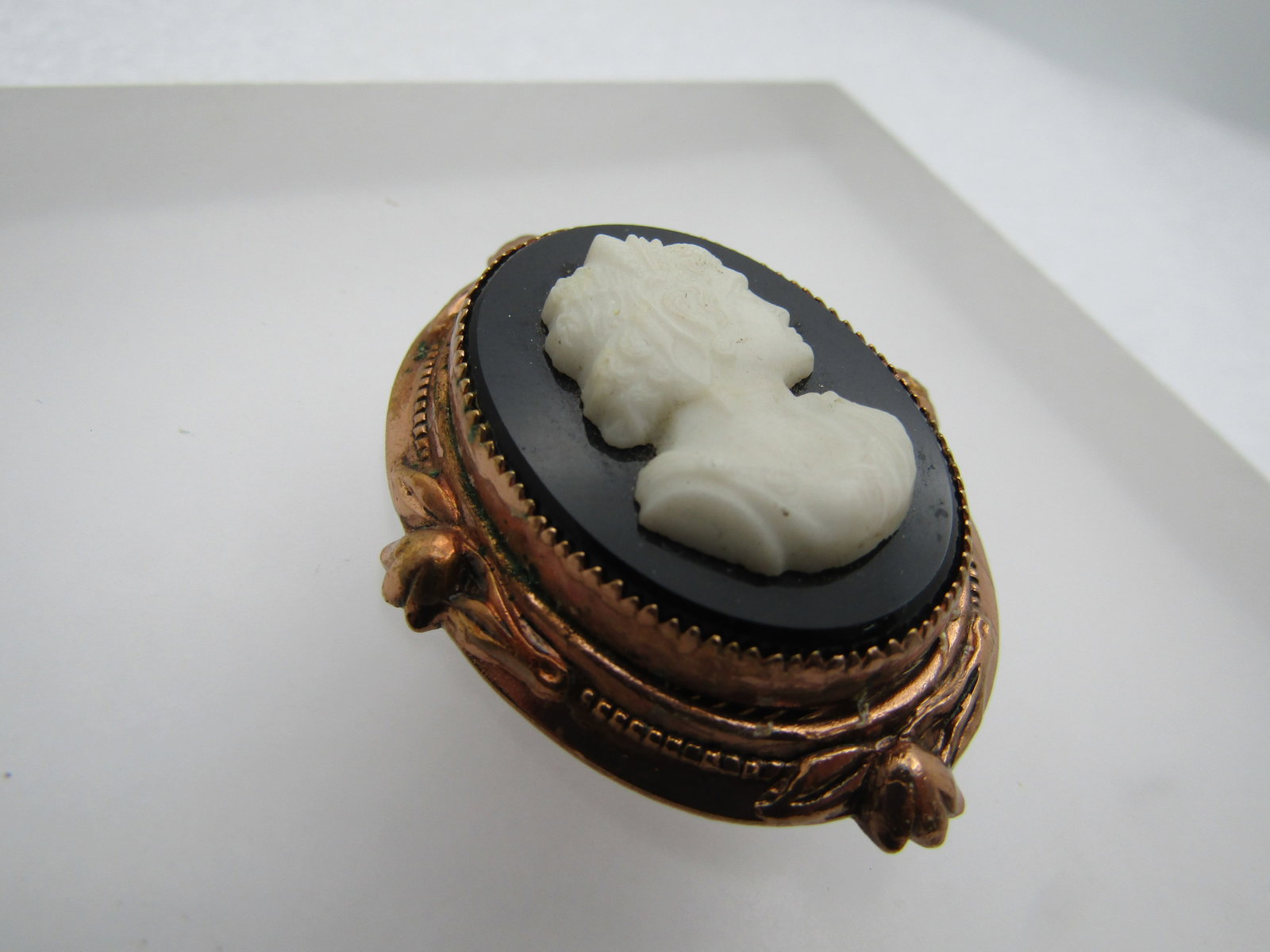 Vintage Black & White Cameo Brooch, Coro, Rose Gold Tone, 1940's, 1.75" - 3
