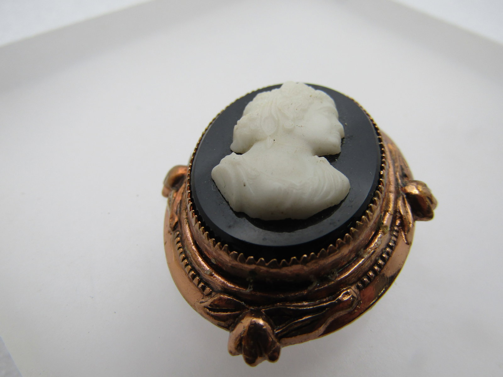 Vintage Black & White Cameo Brooch, Coro, Rose Gold Tone, 1940's, 1.75" - 4