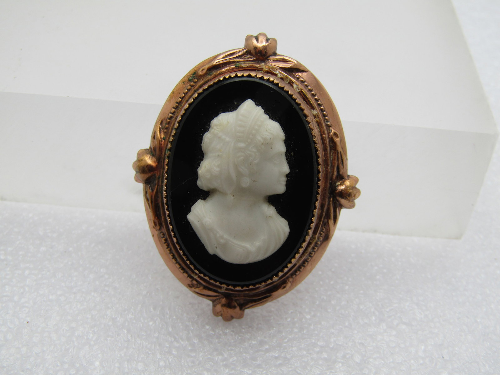 Vintage Black & White Cameo Brooch, Coro, Rose Gold Tone, 1940's, 1.75" - 5