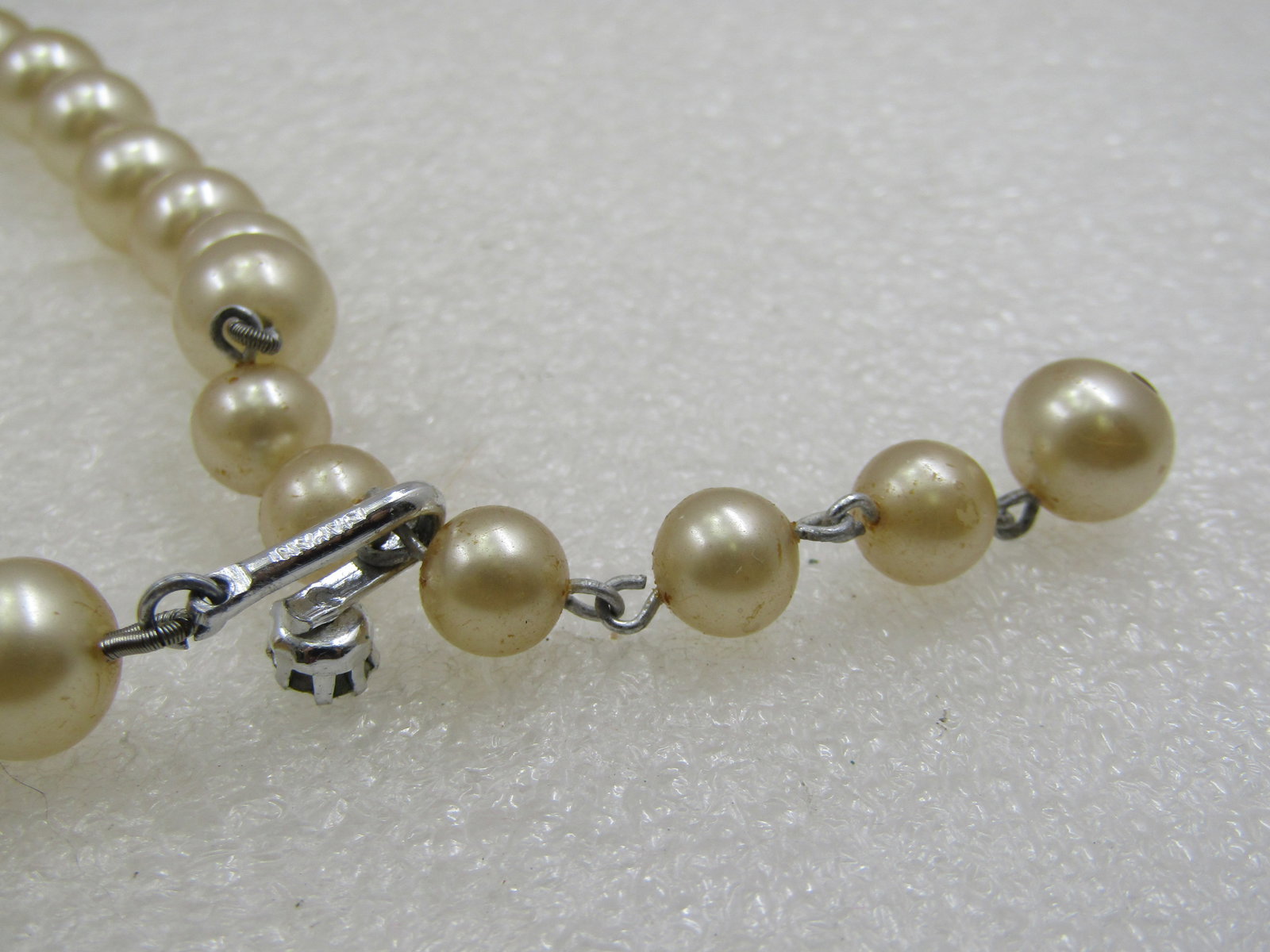 Vintage Japan Faux Pearl Necklace, 16", 9.5mm, Rhinestone - 6