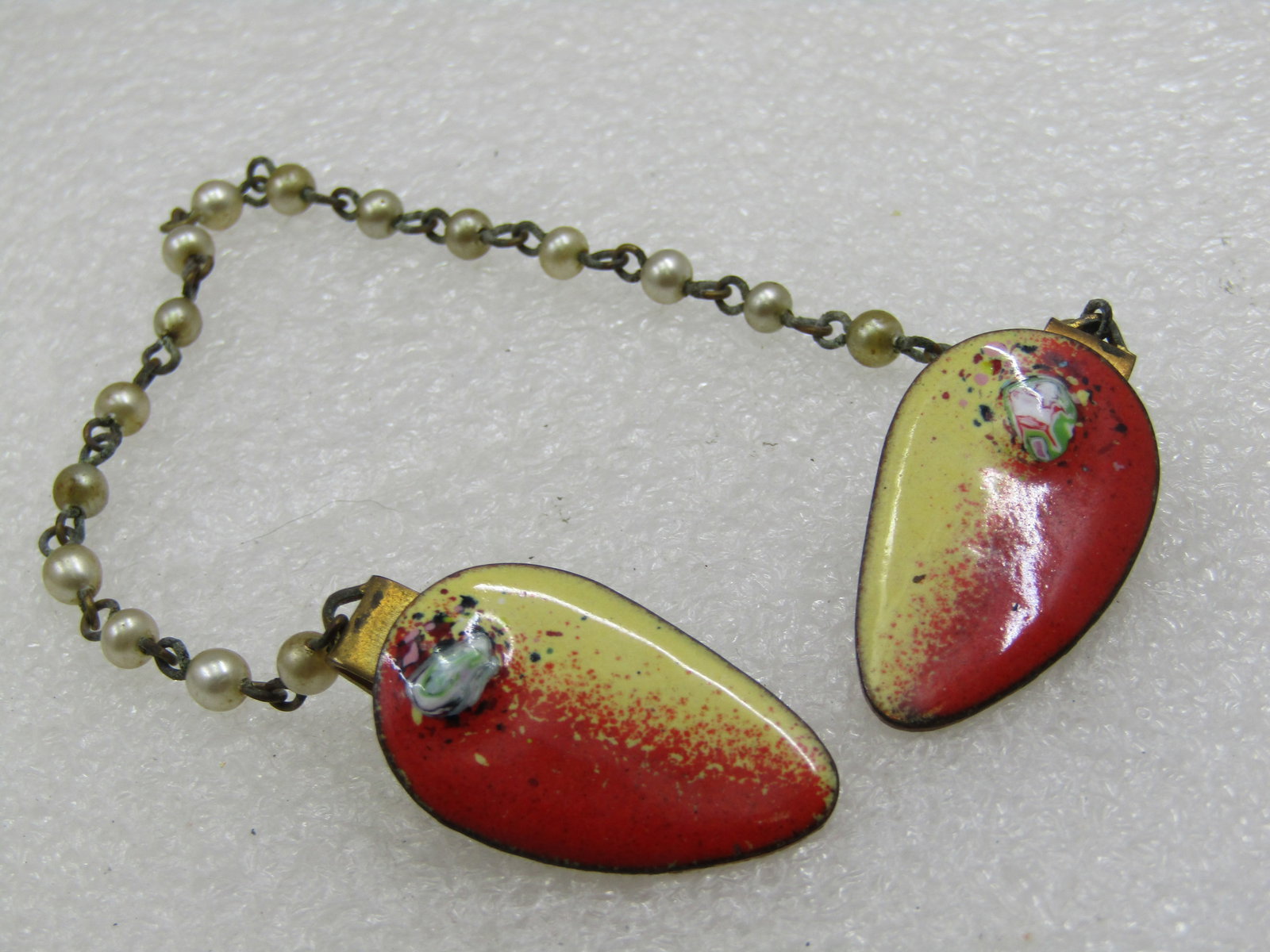 Vintage Enameled Copper Sweater Guard, Faux Pearl Chain, 8.5" - 2